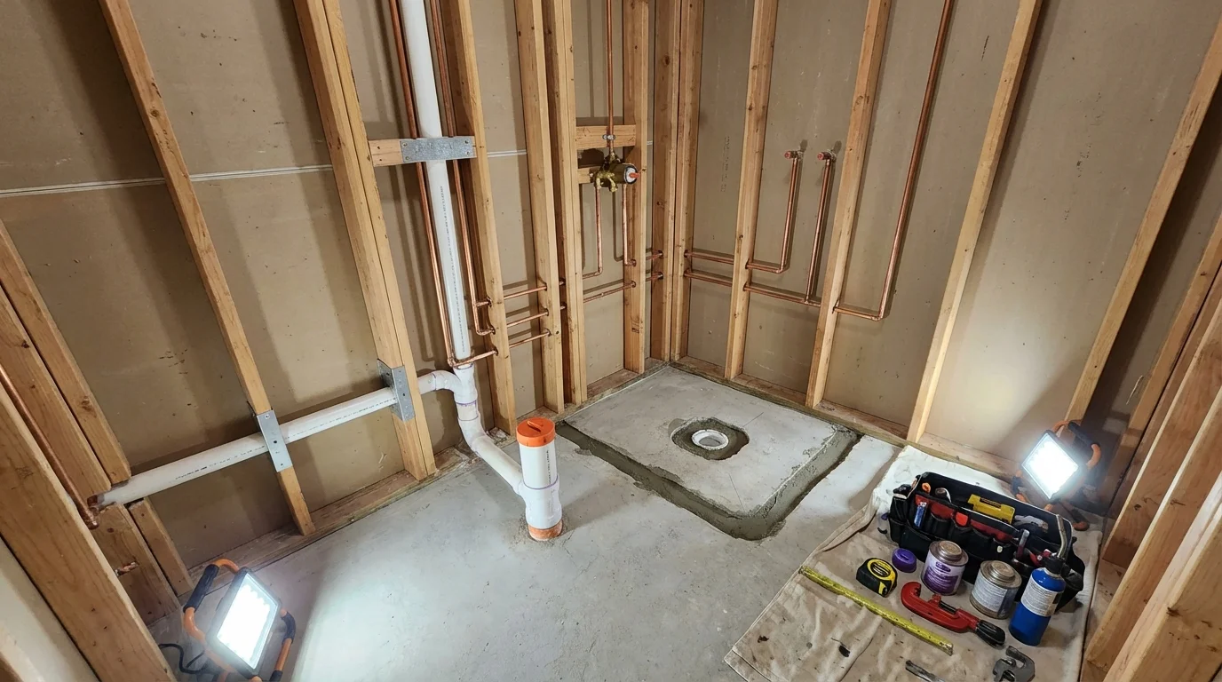Bathroom rough-in plumbing during remodel by Johns Plumbing LLC in Woodinville