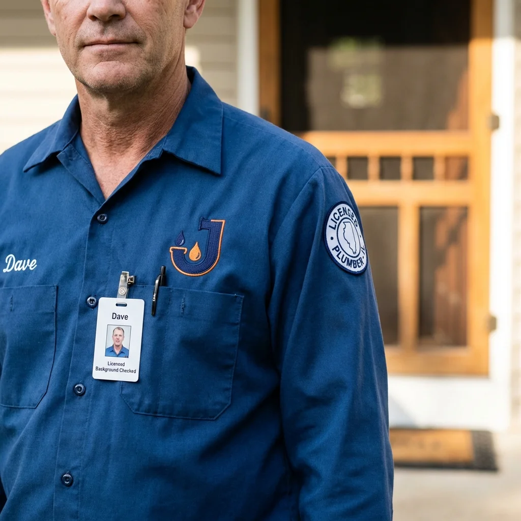 Licensed plumber showing ID badge in Woodinville, WA