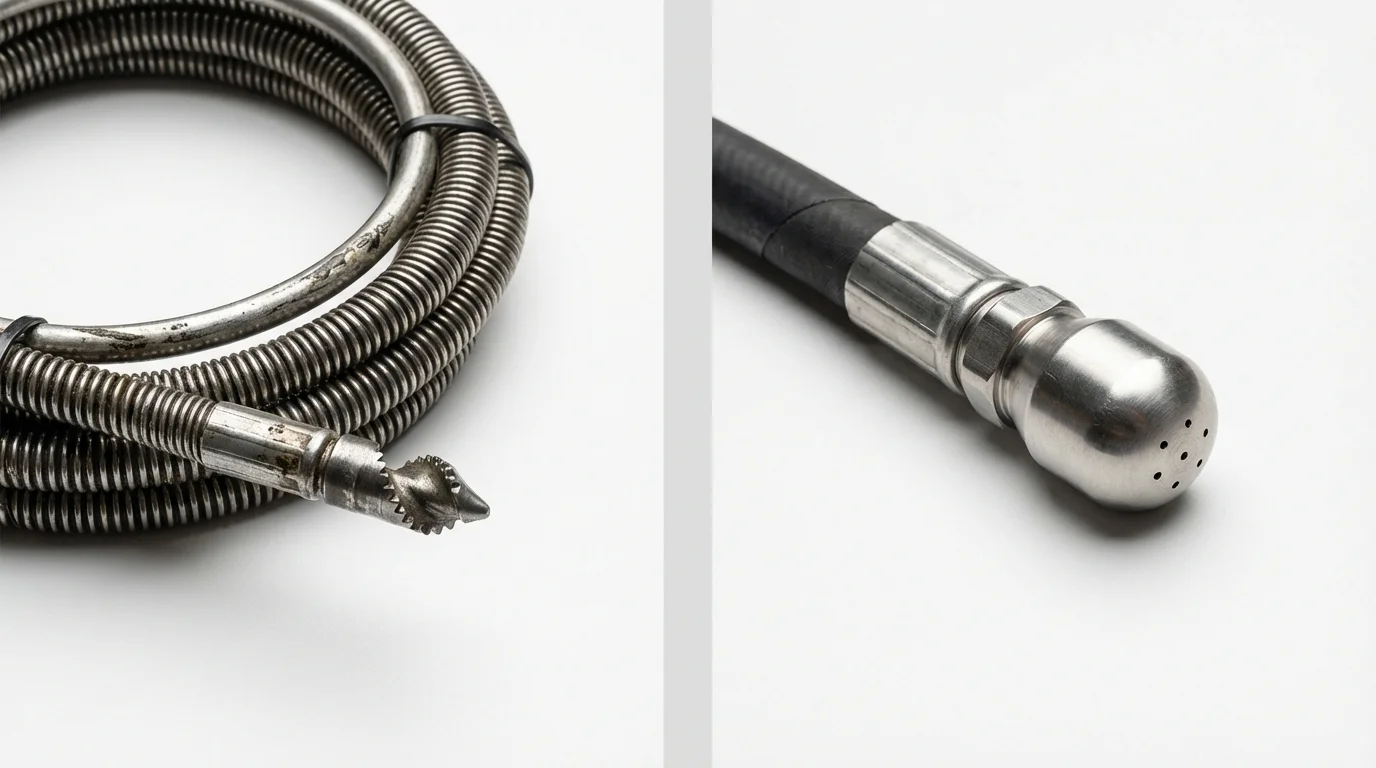 Drain snake cable and hydro jetting nozzle used for drain cleaning in Woodinville, WA