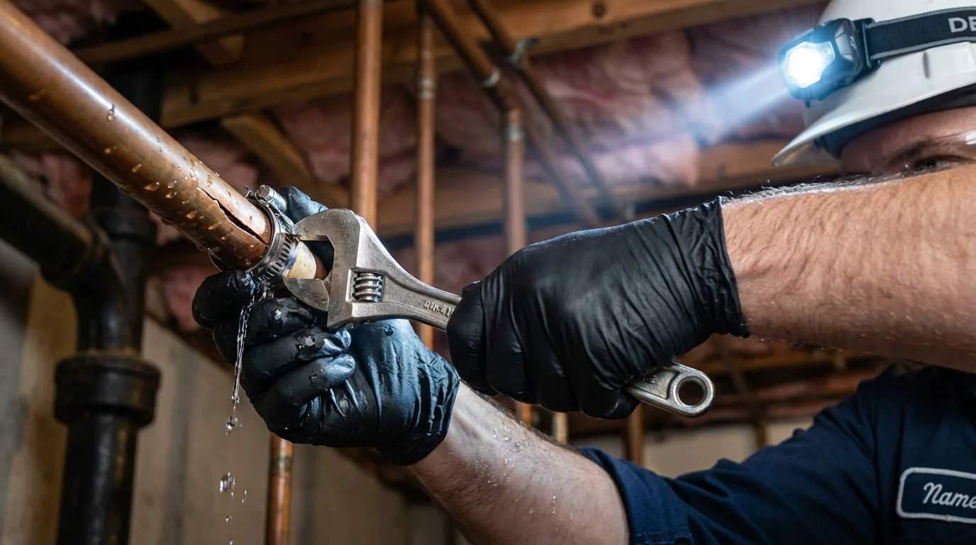 Emergency pipe clamp repair being performed by a Johns Plumbing LLC plumber in Woodinville