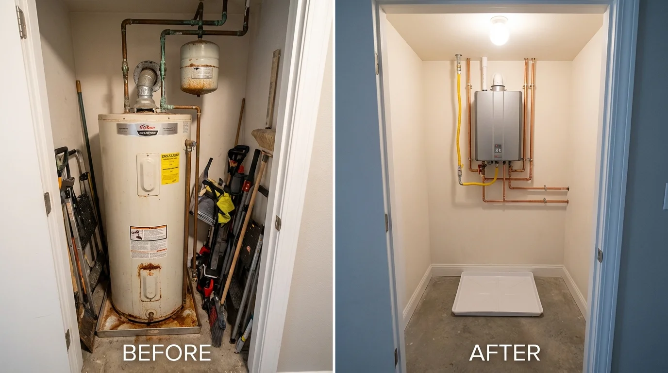 Tank water heater versus wall-mounted tankless unit comparison for Woodinville, WA homeowners