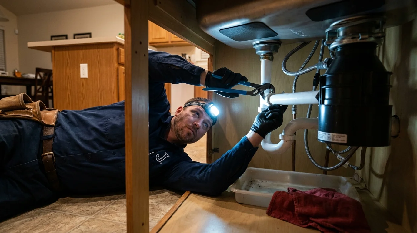 P-trap and supply line connections under a kitchen sink showing a common leak point in Woodinville, WA